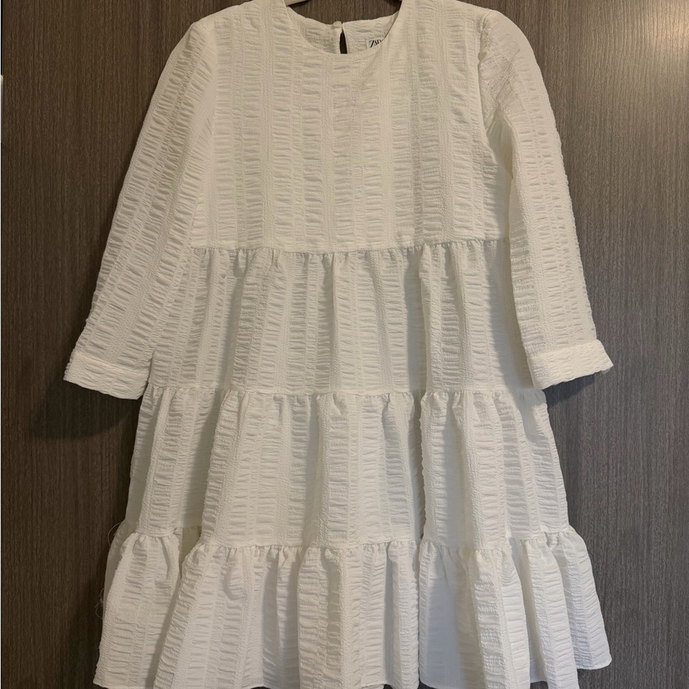 Zara White Textured Tiered Long-Sleeve Dress